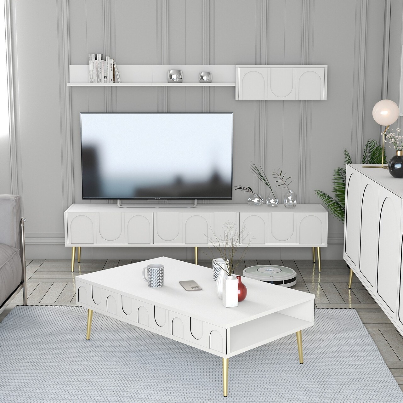 Set mobilier living, Hanah Home, Lyon 3, Alb/Auriu - imagine 6